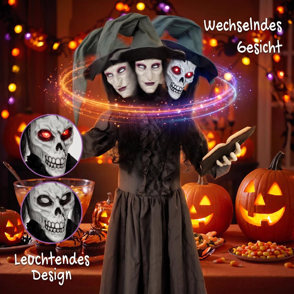 180 cm Halloween Animierte Hexe Dekoration Lebensgroß mit Leuchtenden Augen, Gruseligem Geräusch, Berührungsaktivierung