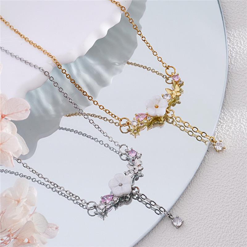 Light Luxury Camellia Zircon Pendant Necklace Stainless Steel Chain Cute Flower Choker Jewelry Birthday Gifts For Women Girls