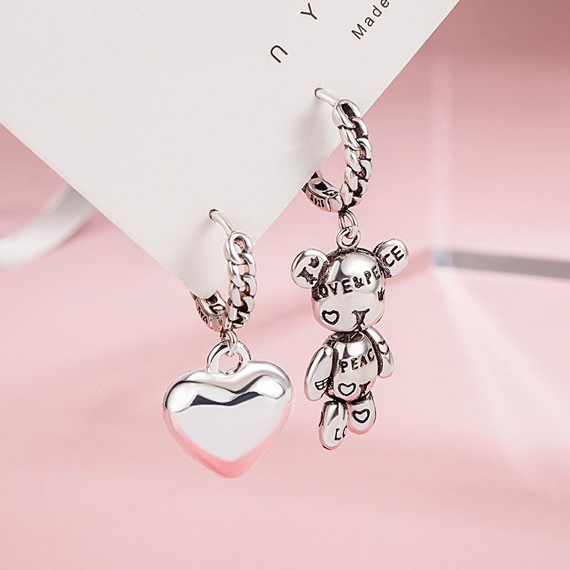 Retro Korean Asymmetrical Bear & Heart Letter Earrings - Women's Unique Creative Ear Hoops & Cuffs