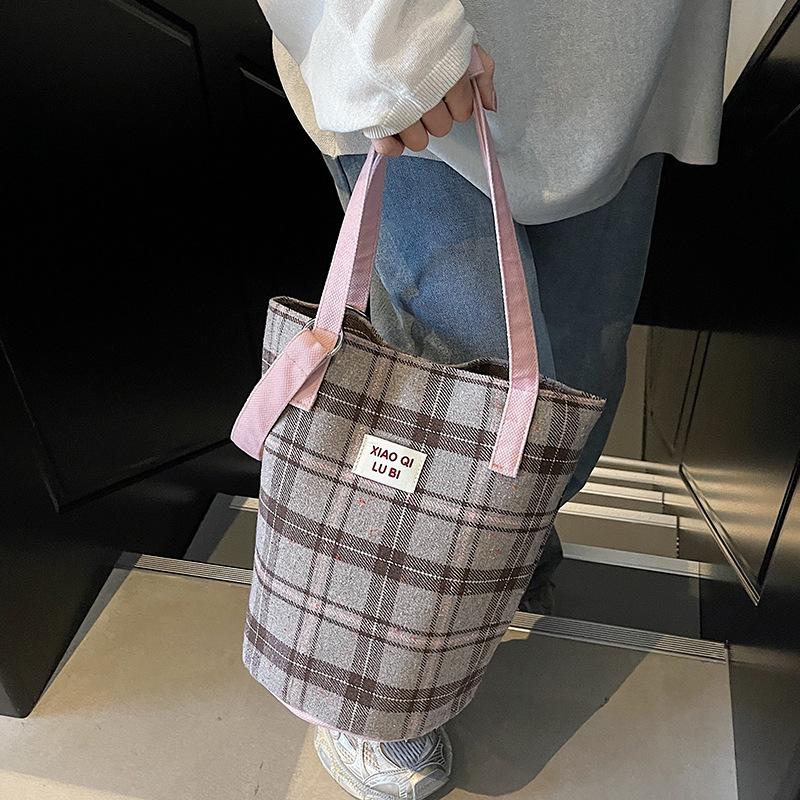 Vintage College-Stil kontrastfarbige karierte Tragetasche Klasse Pendeln vielseitig einzelne Schulter leicht Damen Tasche