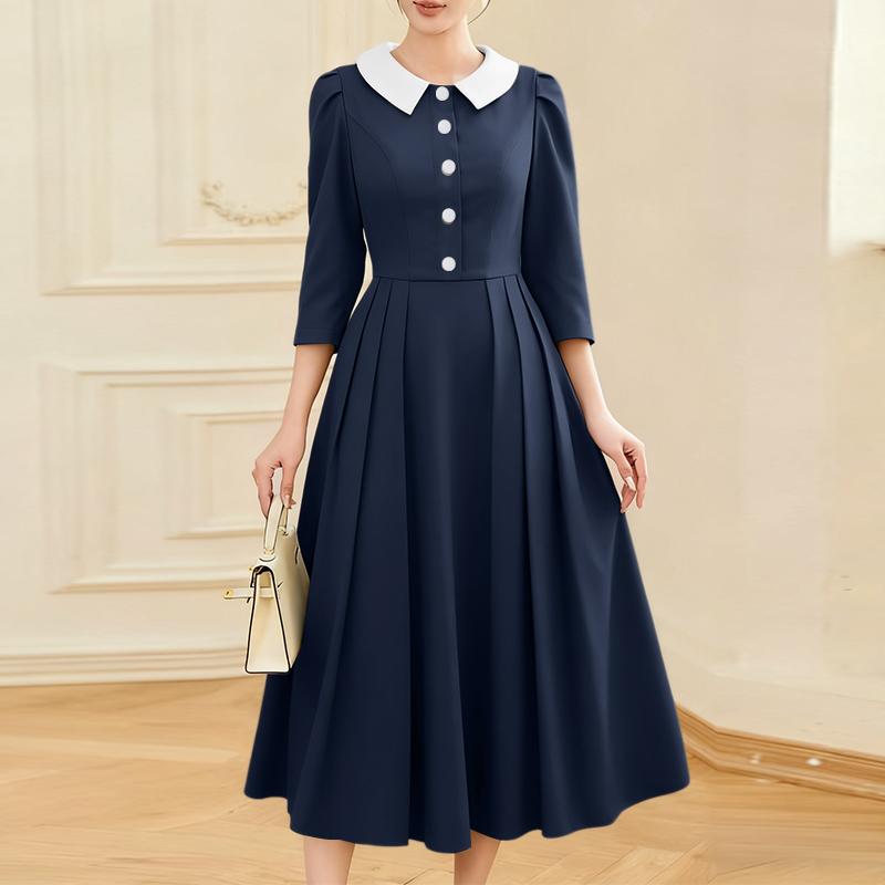 ZANZEA Women Casual Splice Doll Collar Loose Long Sleeve Elegant Dress