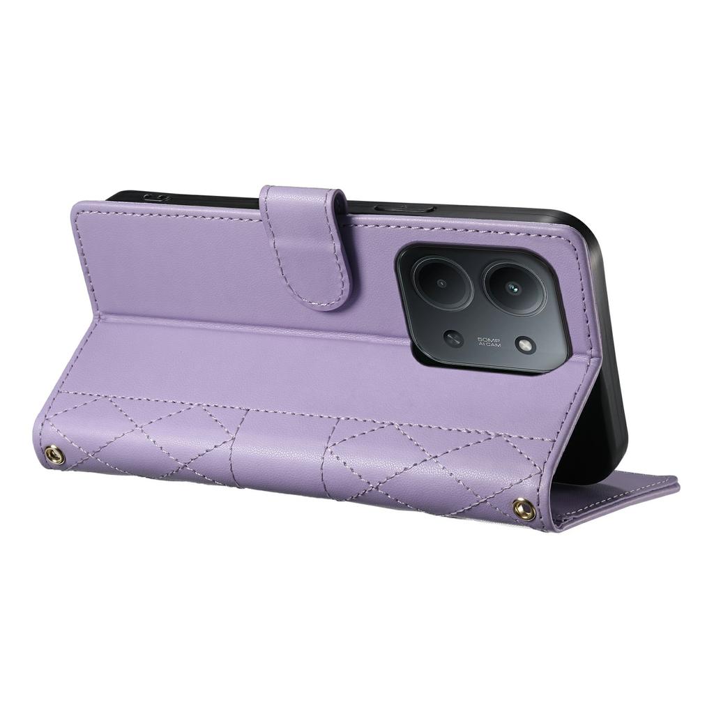Brieftaschenhülle für Xiaomi Redmi 15C 4G (Global) (171 mm)/Poco C85 4G Rautensteppung Stand Leder Handyhülle mit langem/kurzem Riemen