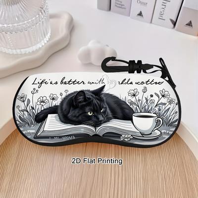 Portable Eyeglass Case with Black Cat Print Flat 2D Design Durable Lightweight Protective Hard Shell Storage Pouch with Clip for Travel and Daily Use