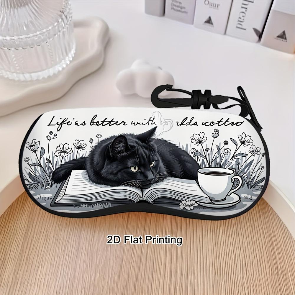 Draagbare Brilhoes met Zwarte Kat Print Vlak 2D Ontwerp Duurzaam Lichtgewicht Beschermende Harde Schaal Opbergzakje met Clip voor Reizen en Dagelijks Gebruik