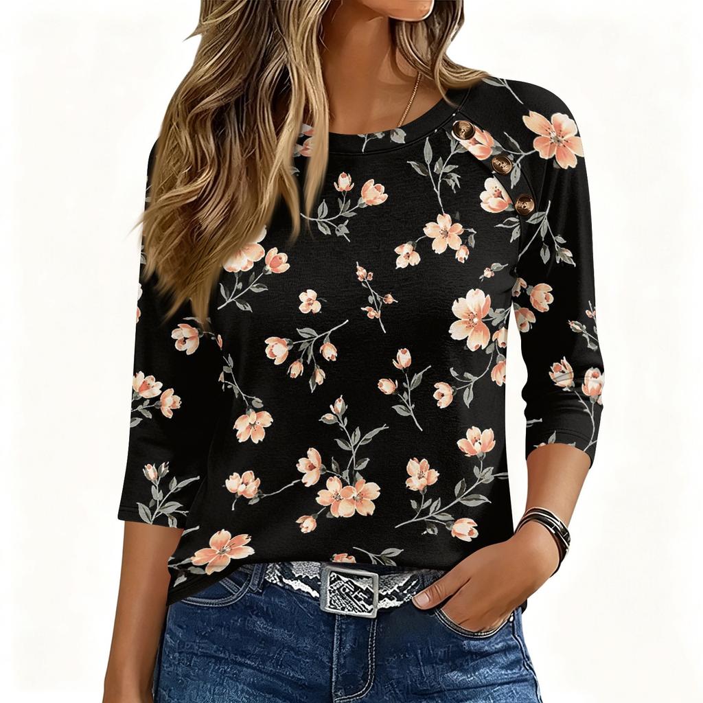 Damen 3/4 Ärmel Rundhals Knopfleiste Blumenmuster Oberteil Weicher Stoff Lässiger Lockerer Sitz T-Shirt für den Alltag