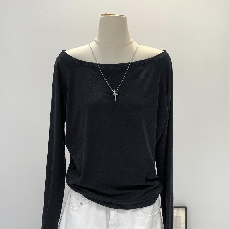 One Shoulder Pure Cotton Long Sleeved Diagonal Shoulder T-shirt for Women's Spring New Loose Off Shoulder Base Shirt