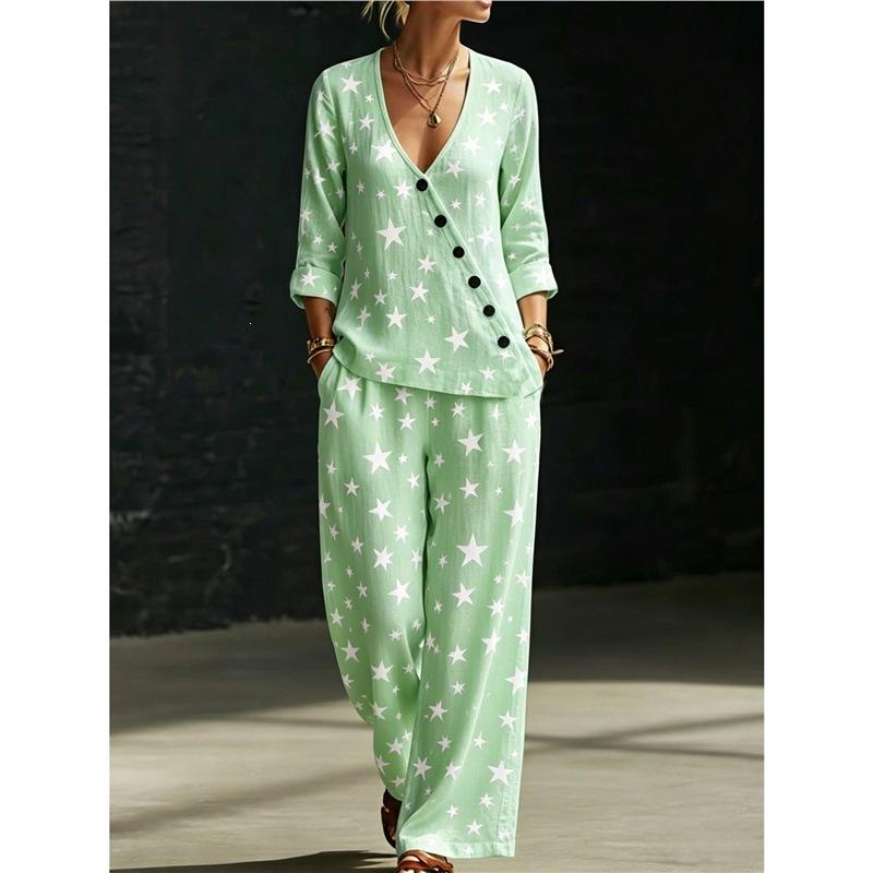 European and American Summer New Blue and White Tie-dye Gradual Change Diagonal Shirt Wide-leg Pants Two-piece Set Women's Casual Long-sleeved Suit