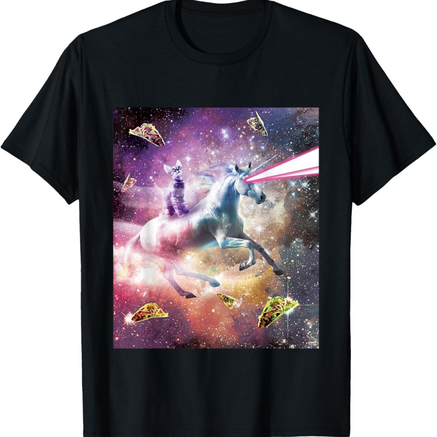 

Funny Cute Universe Space Galaxy Cat Meme Unicorn Taco Gift Men Women Kids T-Shirt S чёрный