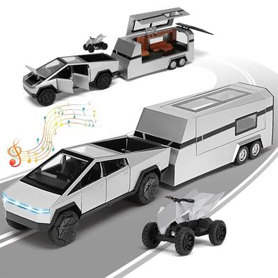 1/32 Cyber Truck Toy com RV e motocicleta, com som e luz