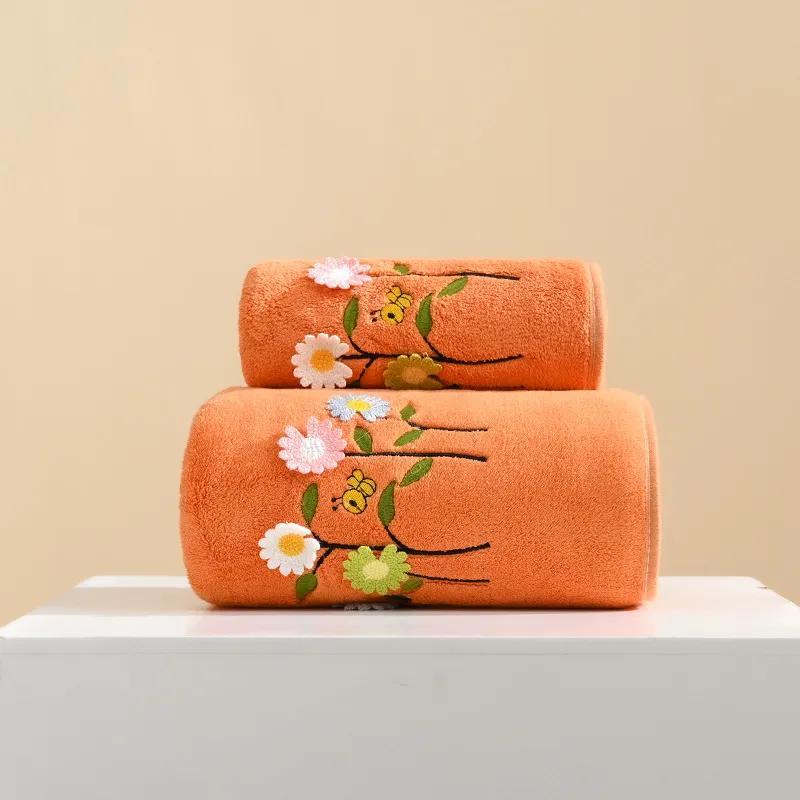 2pcsHome portable embroidered cartoon bath towel towel household thick coral fleece absorbent quick-drying bath towel