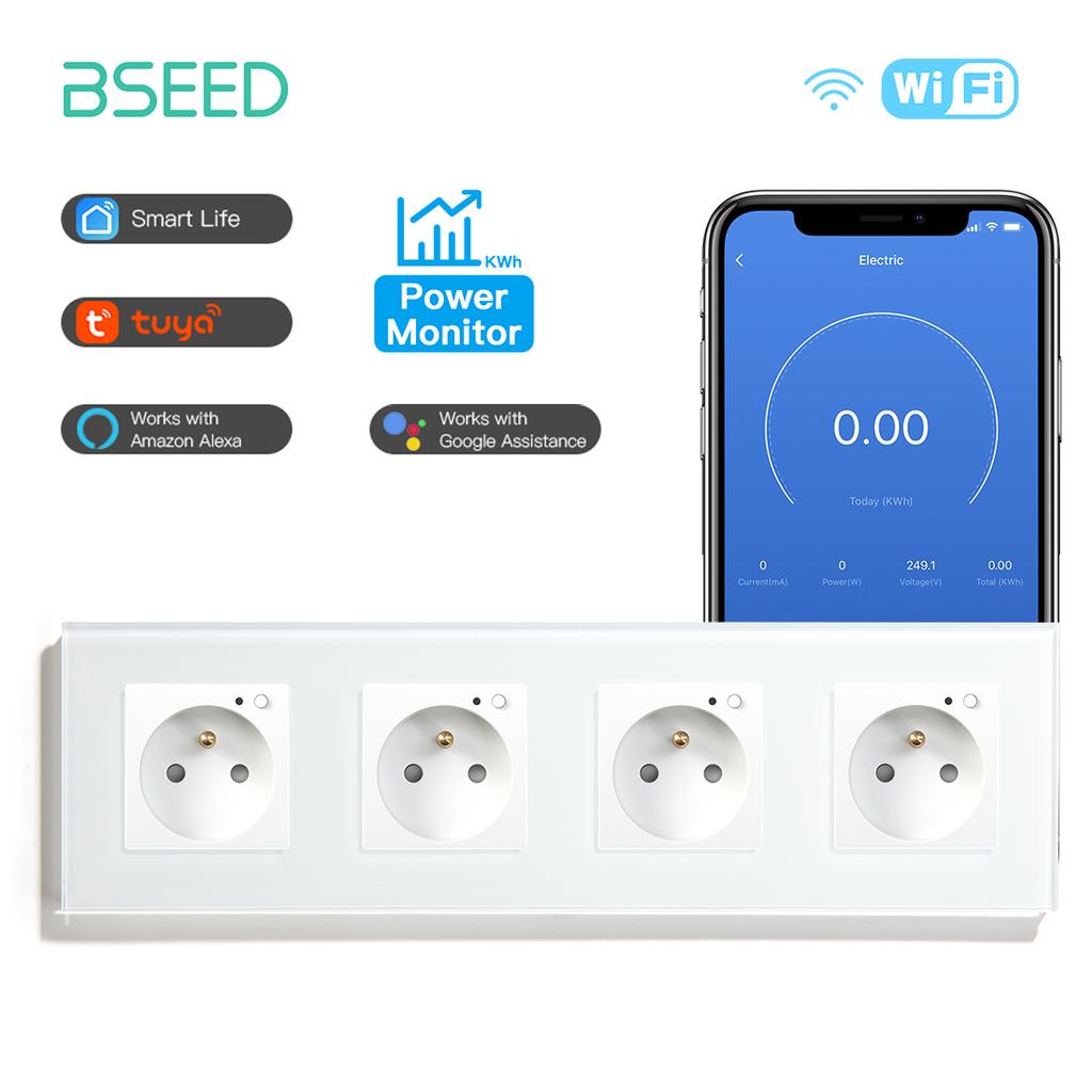 BSEED Single Wifi French Socket Double Power Monitor Wall Sockets Triple Smart Outlets Glass Frame Tuya Smart Life Control