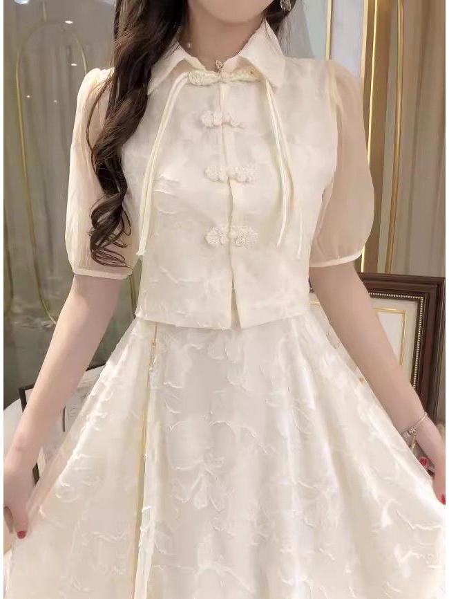 Elegant Summer 2024 Women's Two-Piece: Chinese Style Cheongsam Skirt & Camisole Dress with Frog Button Top