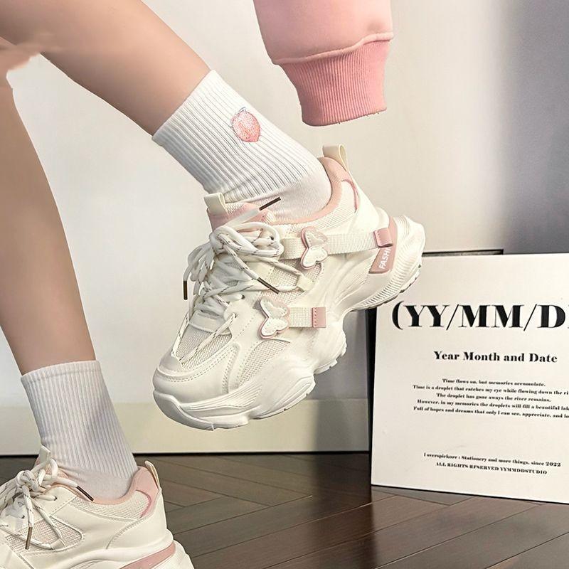 Leichte Sneaker Damen Herbst neu vielseitig Mesh atmungsaktiv rosa Schmetterling Plateau Dad Shoes
