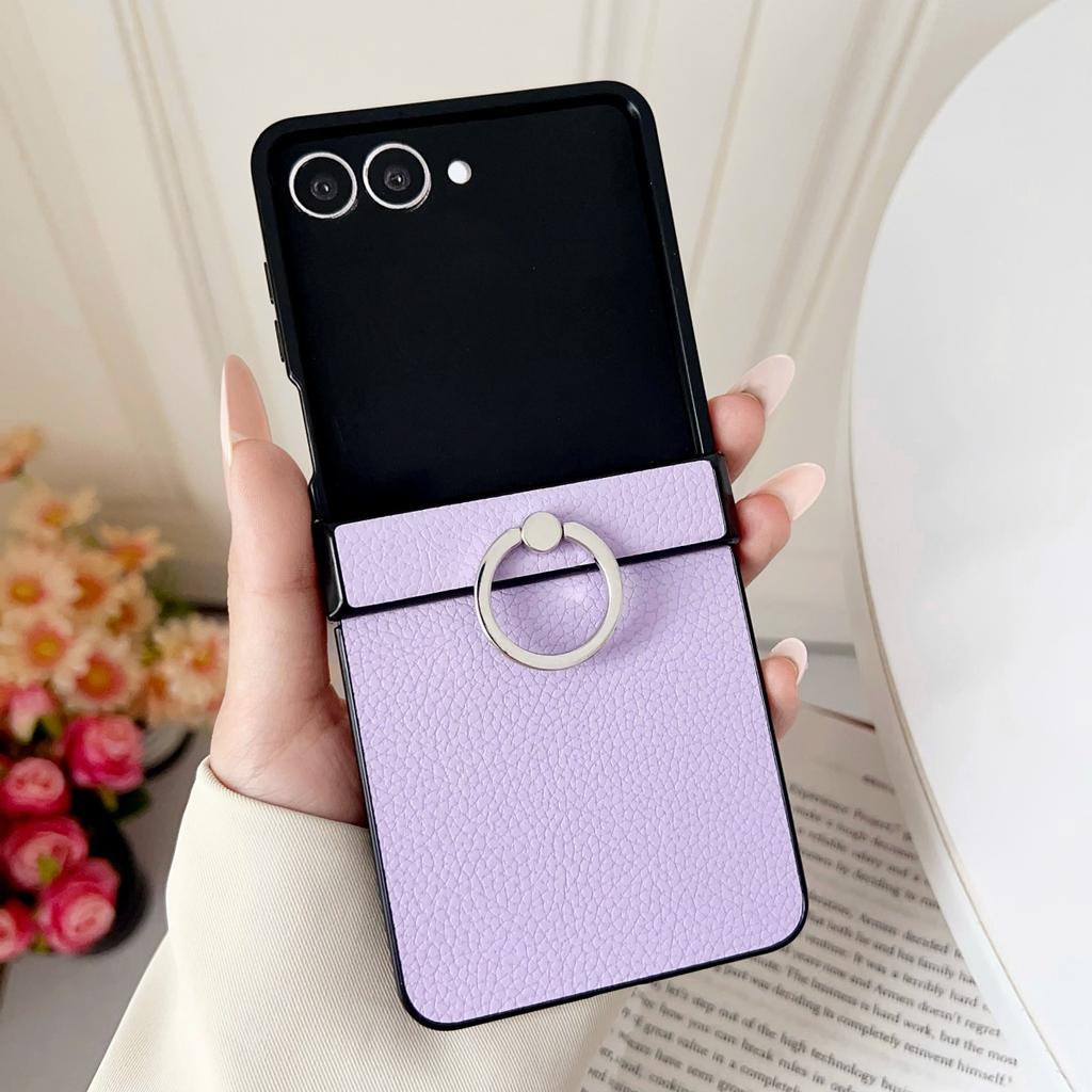 Lychee Pattern Leather Metal Finger Ring Holder Stand Case For Samsung Z Flip 7 6 5 4 3 Diamond Grip Buckle Bracket Cover