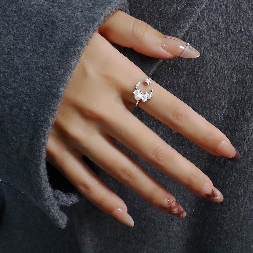 Super Shiny Zircon Pearl Adjustable Ring - Korean Style, Light Luxury, Irregular Star Moon Design