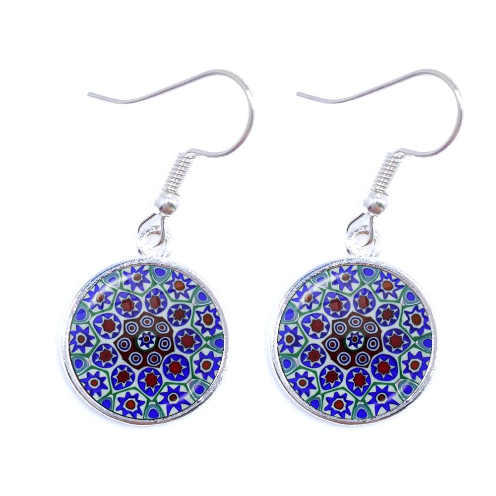 Murano Millefiori Drop Earrings MultiColour Flower 16mm Glass Cabochon Earring Jewelry For Women Girls Gift
