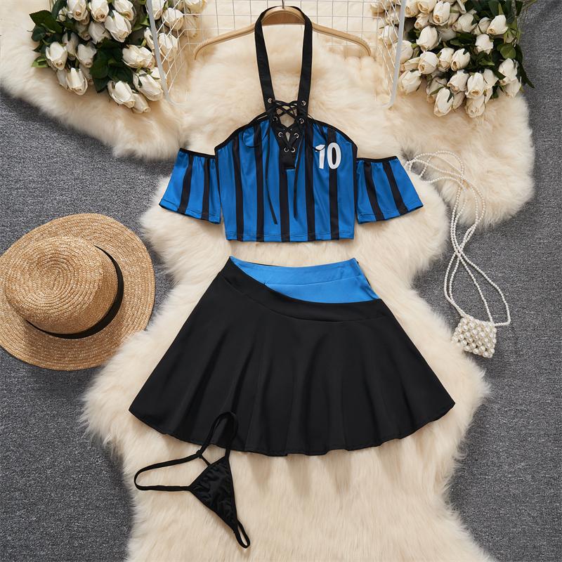 Bow Splicing Lace Edge Y2K Grid Lace-up Neck-mounted Top Sets Women Clothes Block Color Sexy Hot Sweet Mini Skirt Suits Lingerie