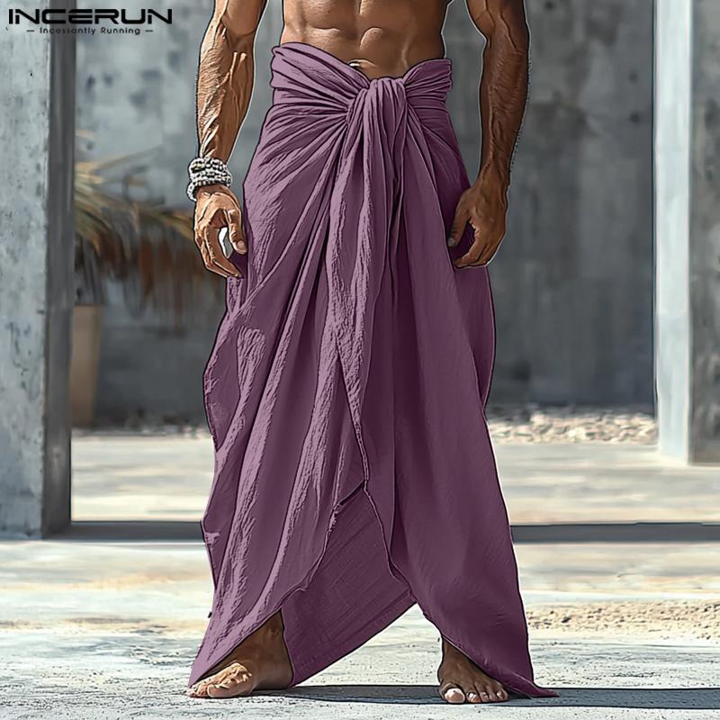 INCERUN Men Elastic Waist Twisted Irregular Layers Casual Loose Long Pants Trousers