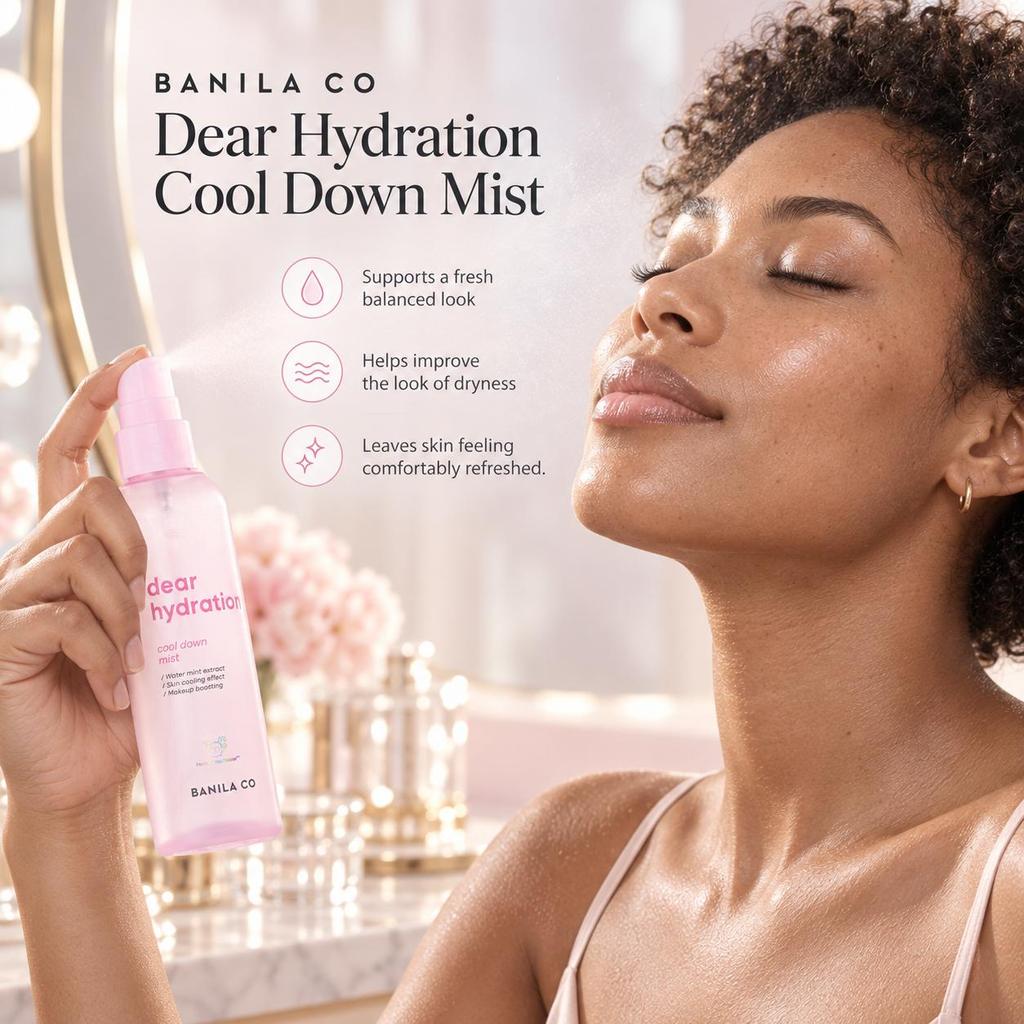 BANILA CO Dear Hydration Cool Down Mist 100 ml, cette brume se marie parfaitement avec le maquillage et pénètre rapidement dans la peau pour offrir un effet rafraîchissant