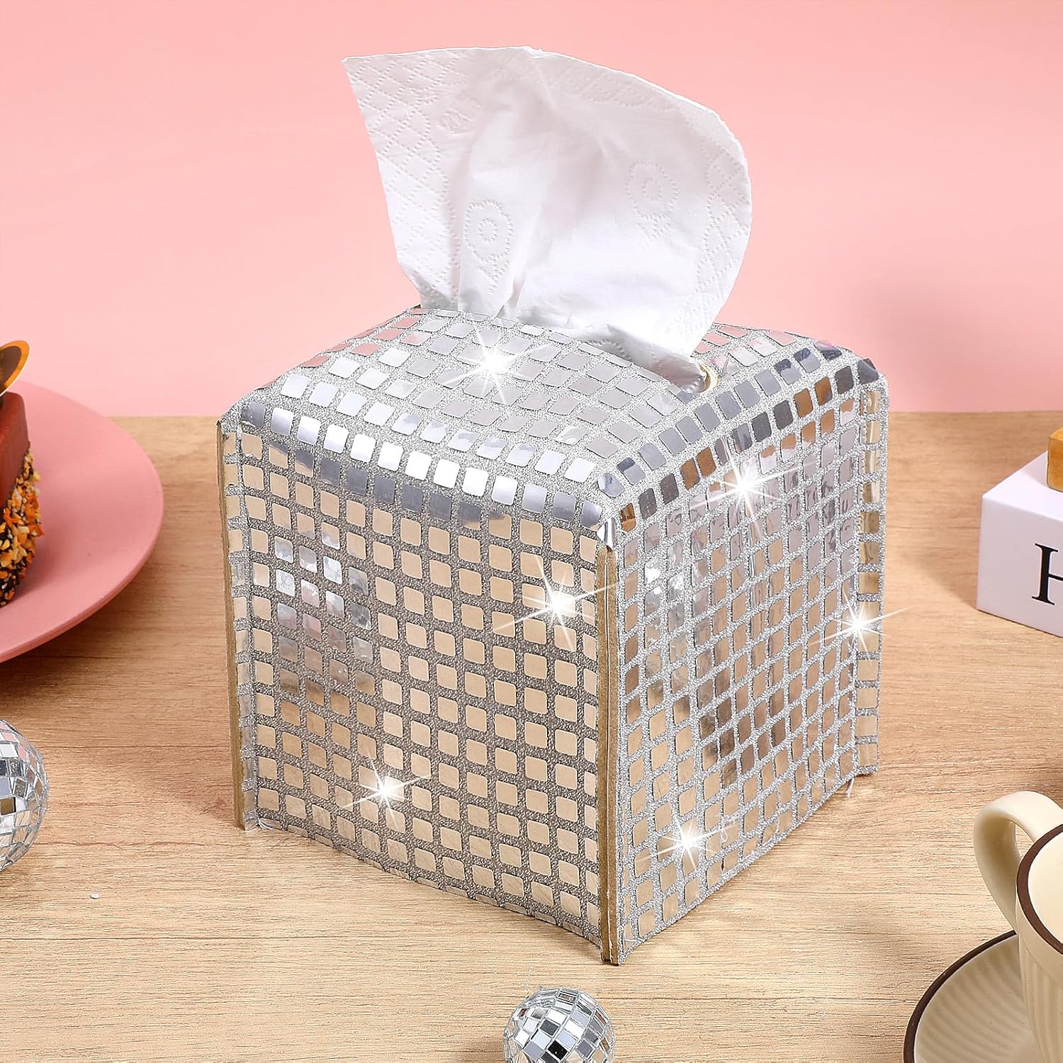 Cube Tissue Box Cover,5 in Disco Ball-Shaped Silver Tissue Box Cover, Plaid Texture, Shiny Chrome Tissues Boxes Covers for Bathroom, Dresser,