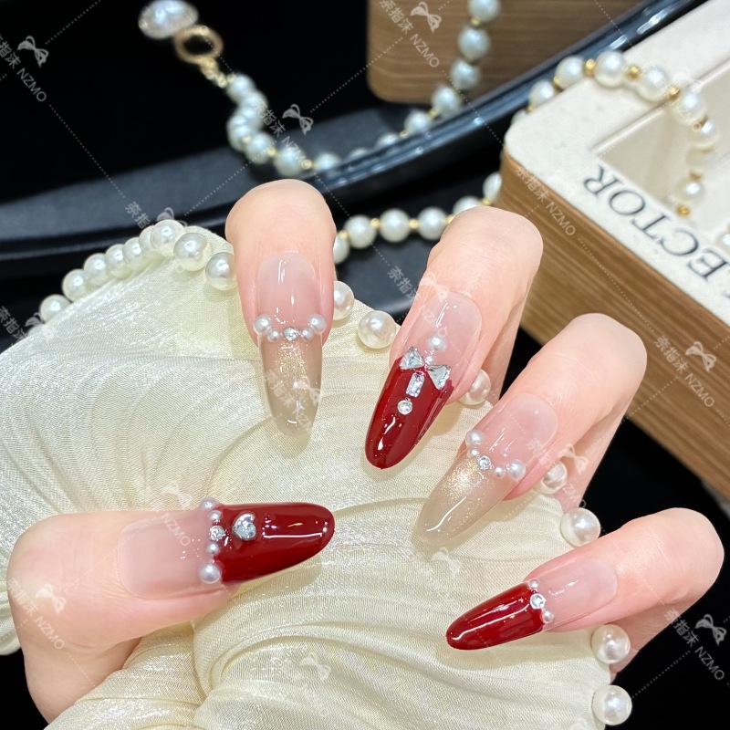 Medium-Length Red French Manicure Whitening Nails L42-XS (Long Oval)