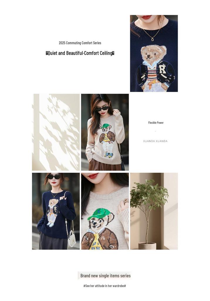Cozy Cute Bear Embroidered Round Neck Pullover for Autumn/Winter