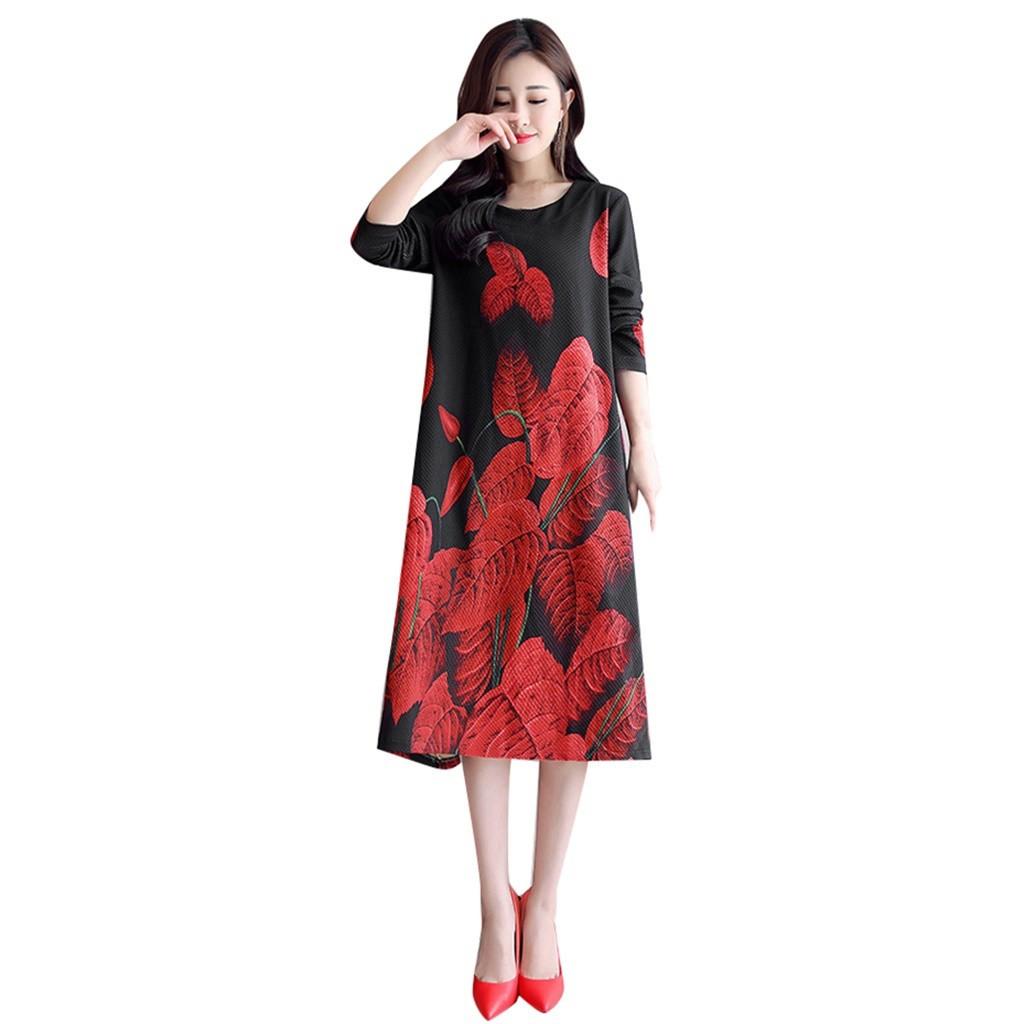 Fashion Casual Women Long Sleeve Long Dress  Printed Loose Dress