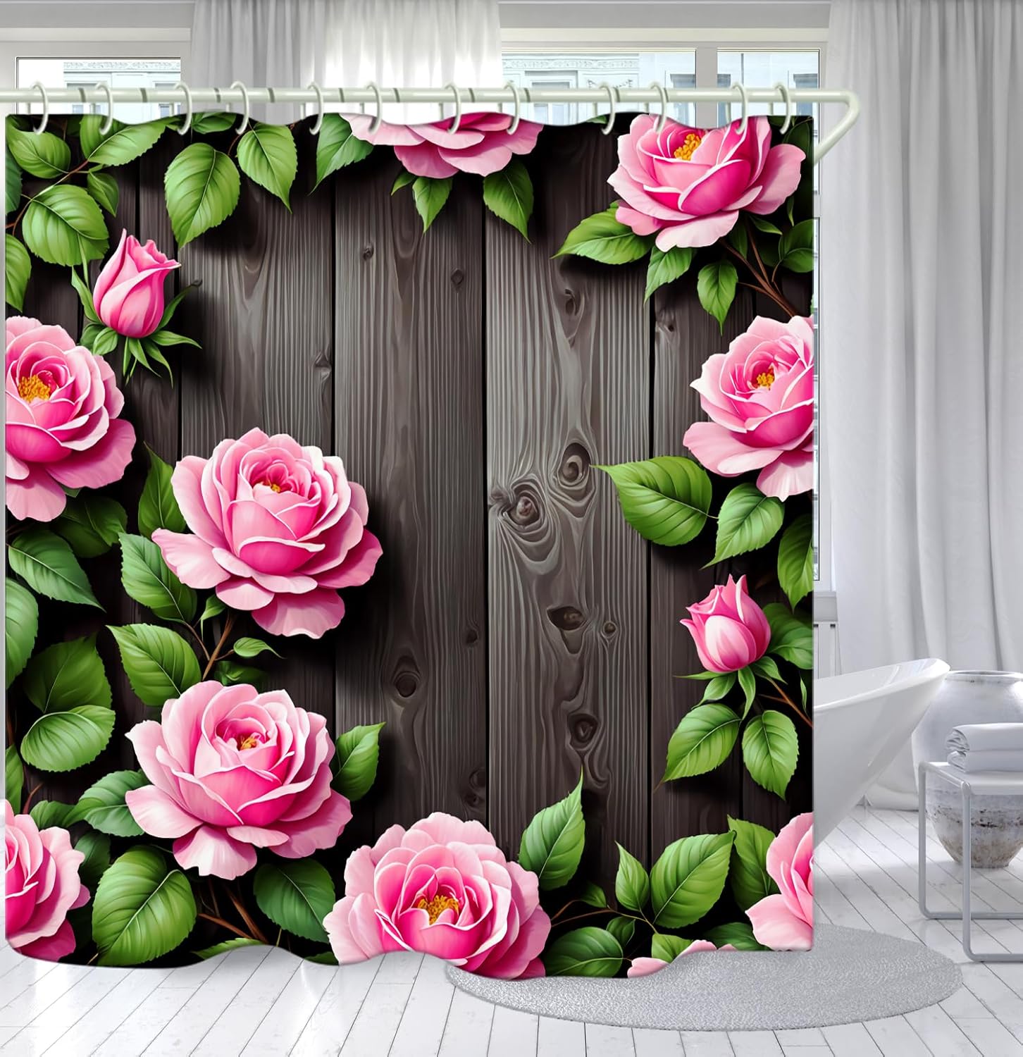 

Heart Shape Art Floral Shower Curtain Waterproof Fabric With Plant Pattern Bathroom Decorative Shower Curtain With Hook W90xH180cm