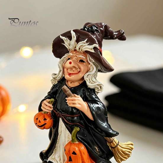 Artistic Resin Desktop Figurines Halloween Witch Pumpkin Figurine, Vintage Hand-Painted Ornament, Spooky Tabletop Party Table Centerpieces Decor