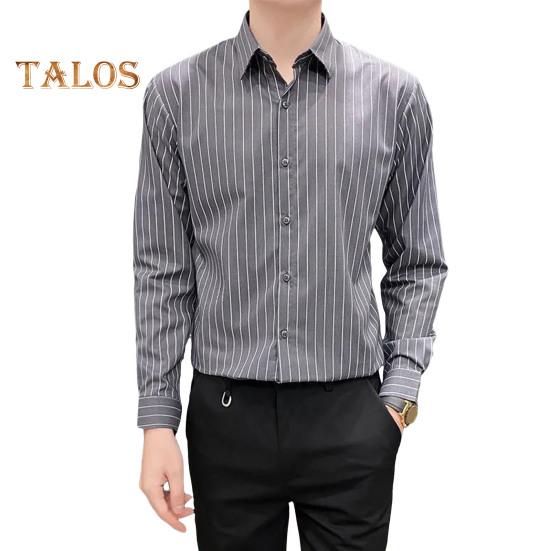 

Мужская рубашка в полоску с однобортным отложным воротником и длинными рукавами, официальная рубашка в деловом стиле для офиса, топ средней длины для свиданий M серый