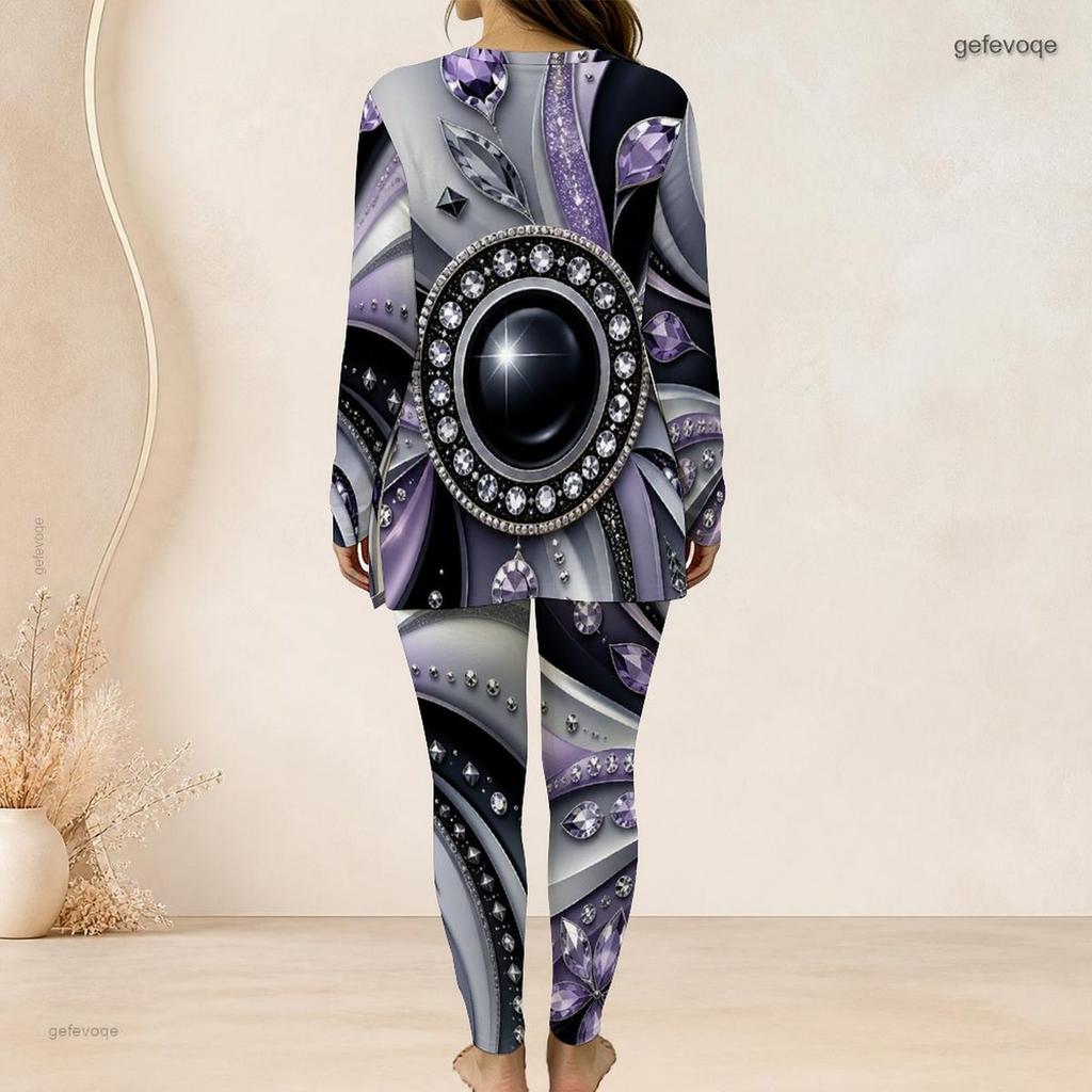 Women Plus Size Grey Printed Half Zip Long Sleeve Top And Fitted Long Pants Two Piece Outfit