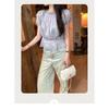 New Lace Spliced Puff Sleeve Chiffon Blouse for Women, Summer Tencel Ramie Short Top