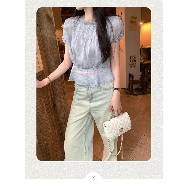 New Lace Spliced Puff Sleeve Chiffon Blouse for Women, Summer Tencel Ramie Short Top