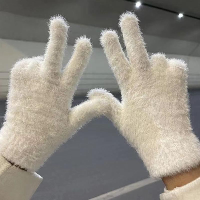 1Pairs Fashion Winter Mink Velvet Five Full Finger Gloves Plush Warm Cold-Proof Gloves Outdoors Cycling Solid Color Mittens