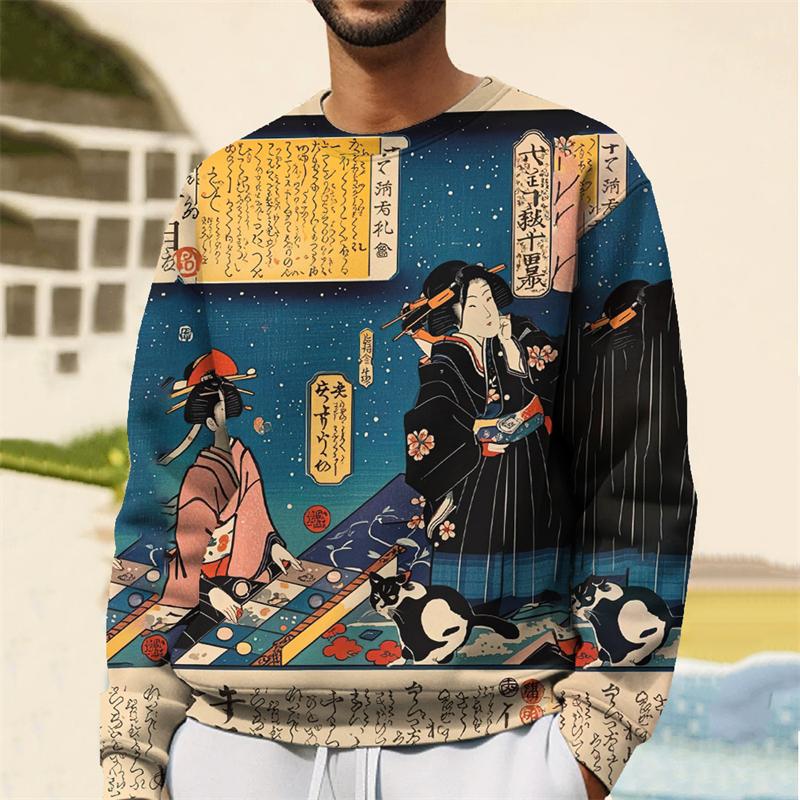 Fashion Japanese Ukiyo-E Graphic Sweatshirt For Men Spring Autumn Trend Long Sleeve 3D Printed Hoodie Casual Streetwear Pullover