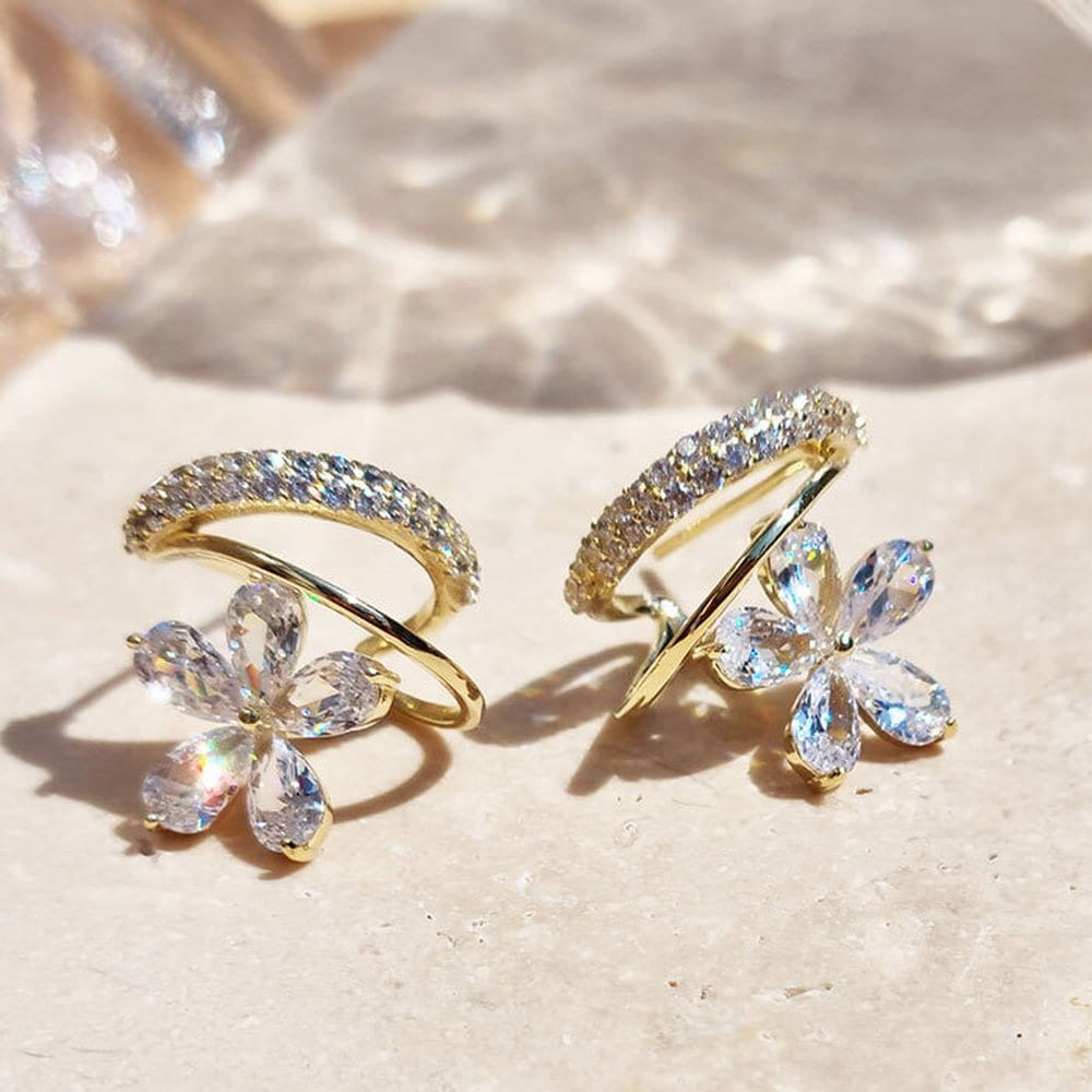 925 Silver Double Line Side Flower Earrings