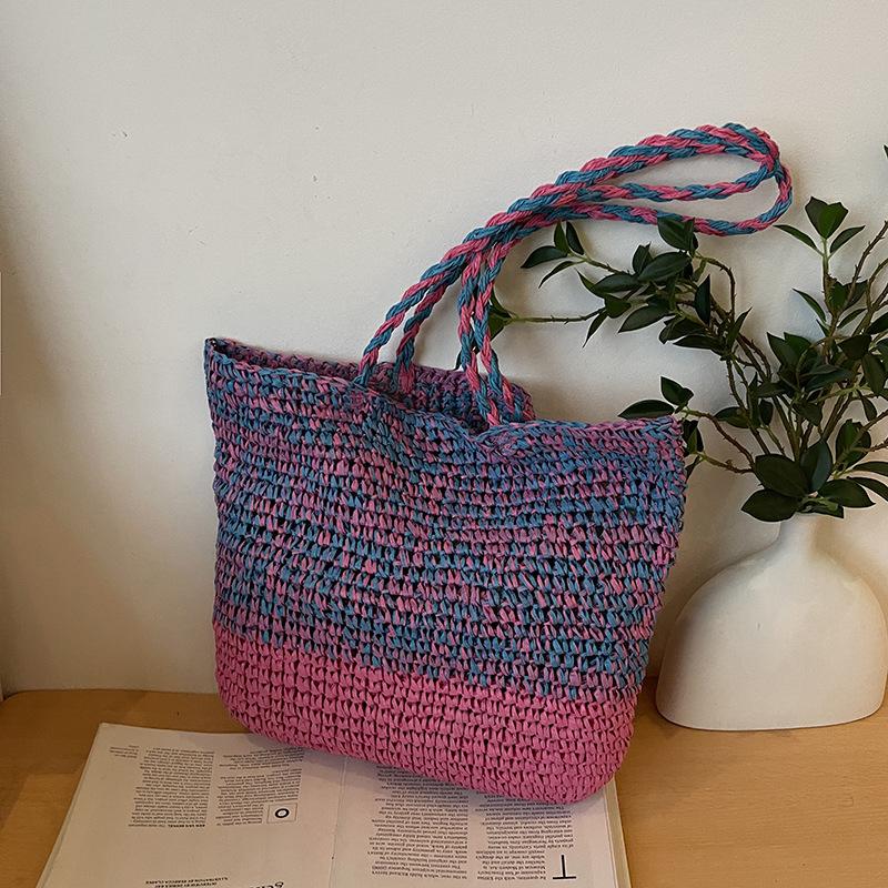 Contrasting Color Woven Bag Women's New High-end Seaside Vacation Beach Bag Large-capacity Shoulder Tote Bag