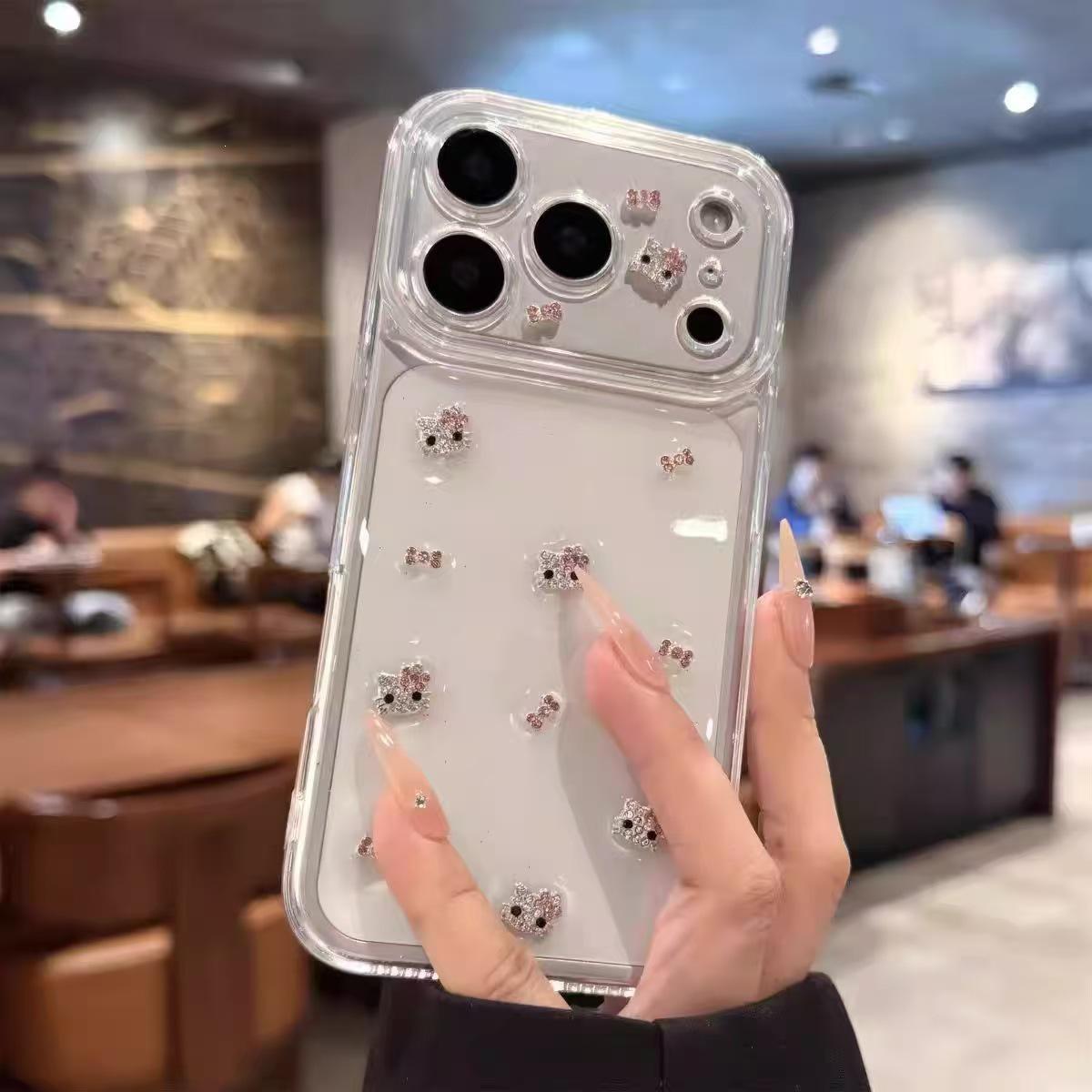 Rhinestone Cat Bowknot Phone Case for iPhone 17 ProMax/17Air with Cherry Design 17air
