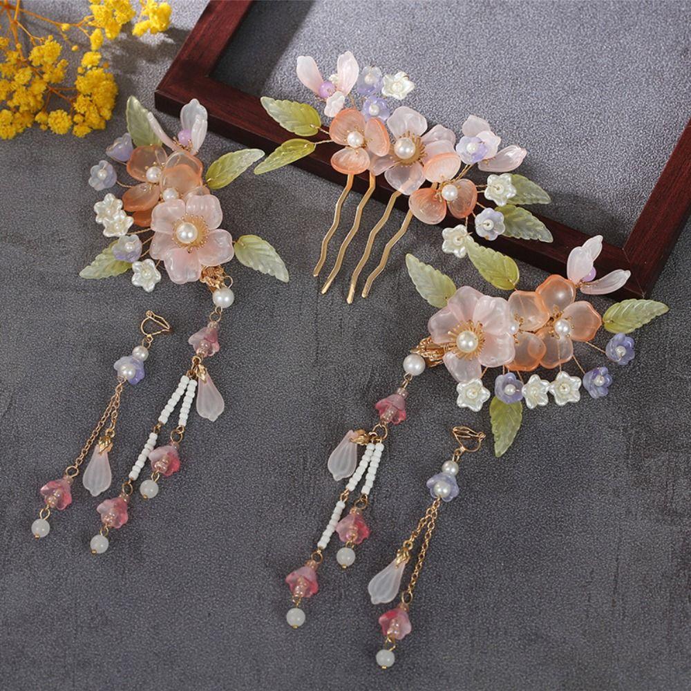 Chinese Style Bridal Headwear Flower Wedding Hair Accessories Retro Earrings Hairpin Set  Women