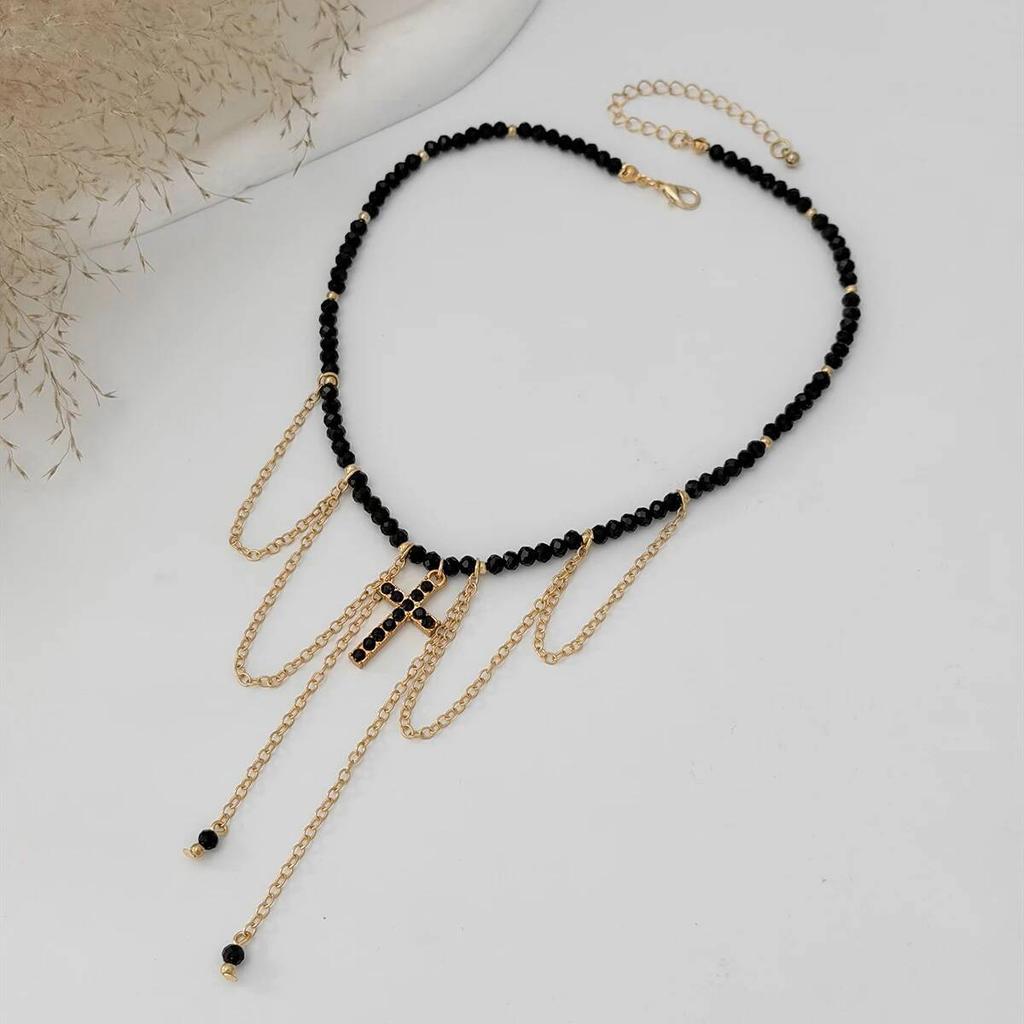 IngeSight.Z Trend Creative Crystal Beaded Chain Choker Necklace Women Exquisite Cross Rhinestone Tassel Pendant Necklace Jewelry