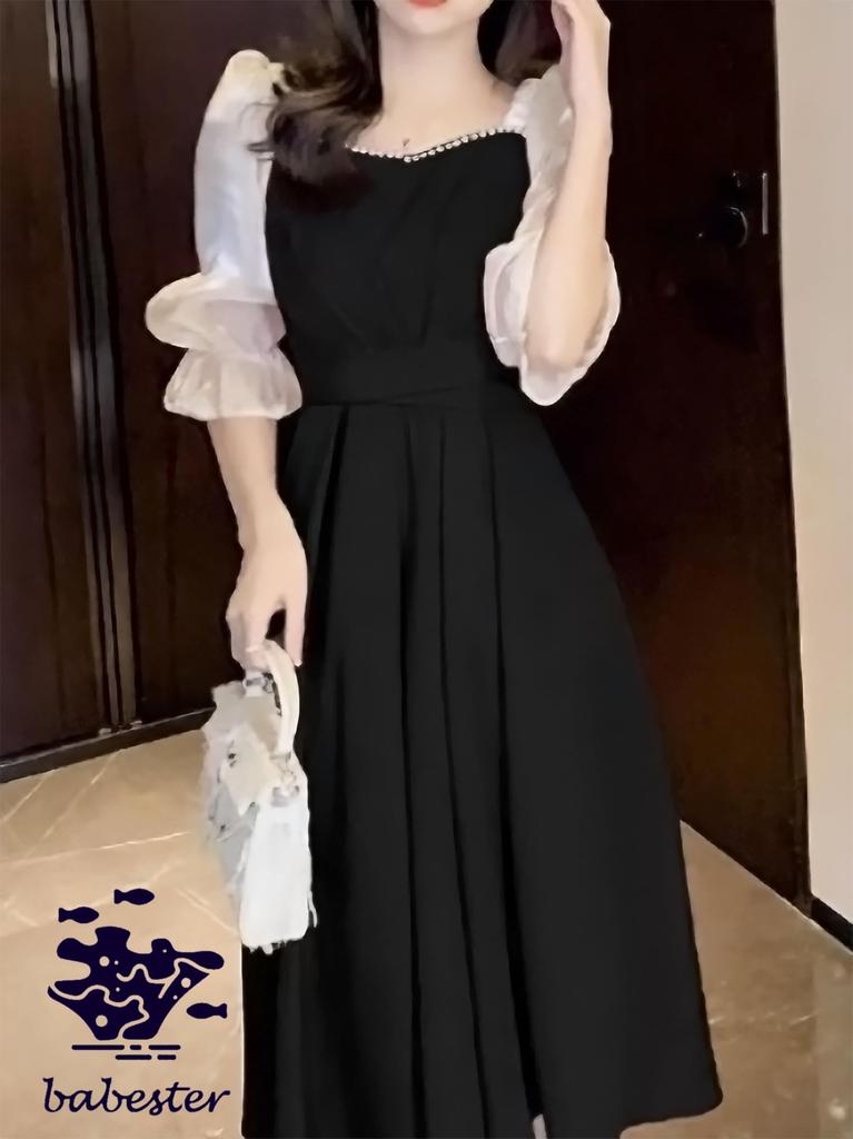 Babestar Party Size Perfect for and Dress, Lace, Knee-Length, Sleeved, Red, 5/8 Sleeves, L, Elegant, Cute, Slimming, Elegant, Stylish, Flattering,