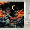 Japanese Style Shower Curtain Set,Red Sun And Crane Bathroom Decor For Kids Adults,Oriental Ukiyoe Bathroom Set Vintage