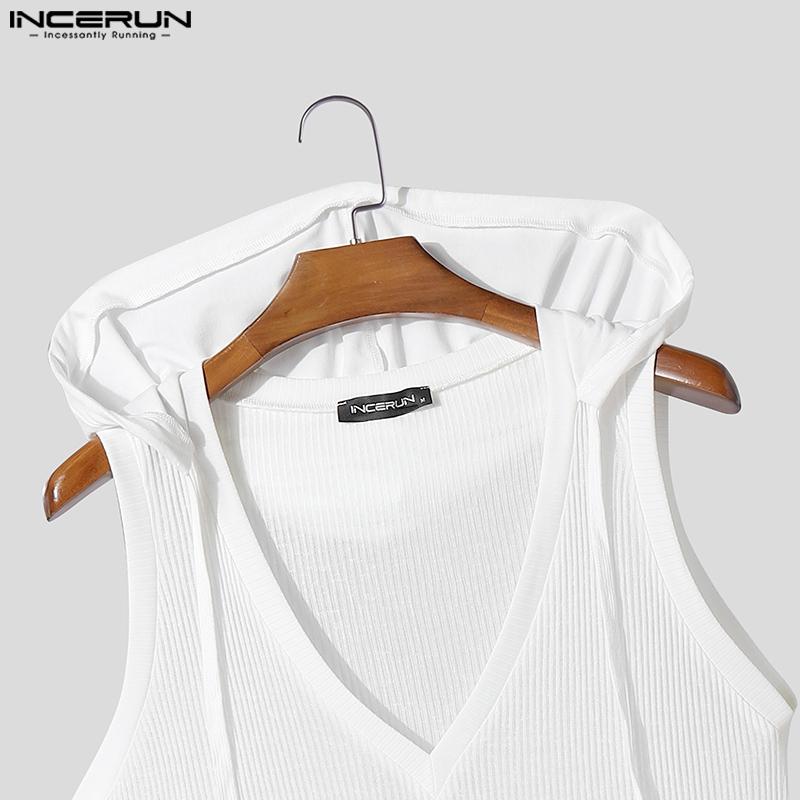 INCERUN Men V Neck Sleeveless Hooded Rib Casual Fitted Tank Tops with Oversleeve