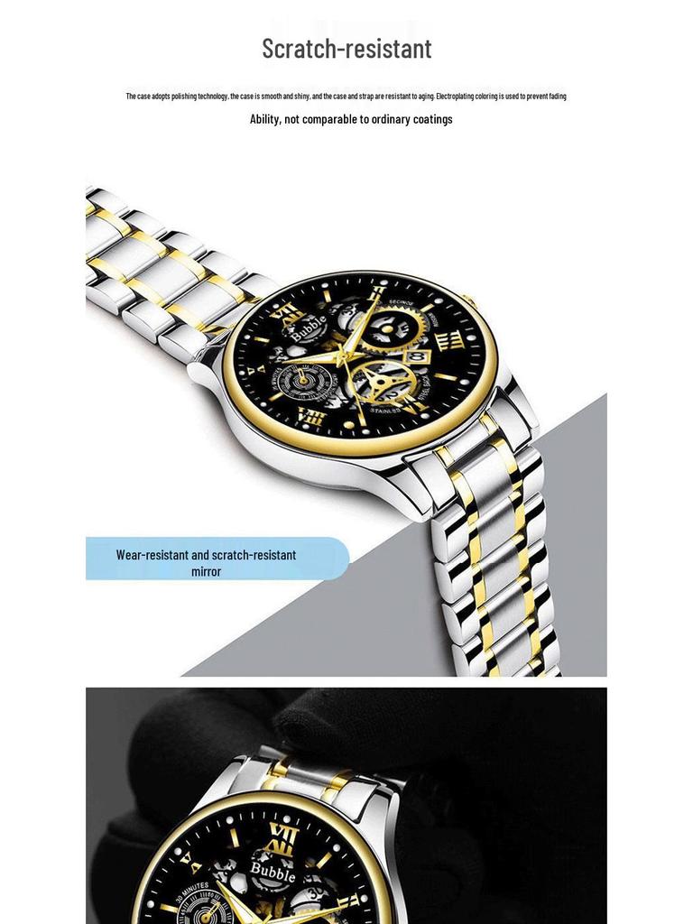 Bubble Men's Fully Automatic Quartz Watch - Roman Numerals, Luminous, High-End, Waterproof, Calendar, Non-Mechanical Design