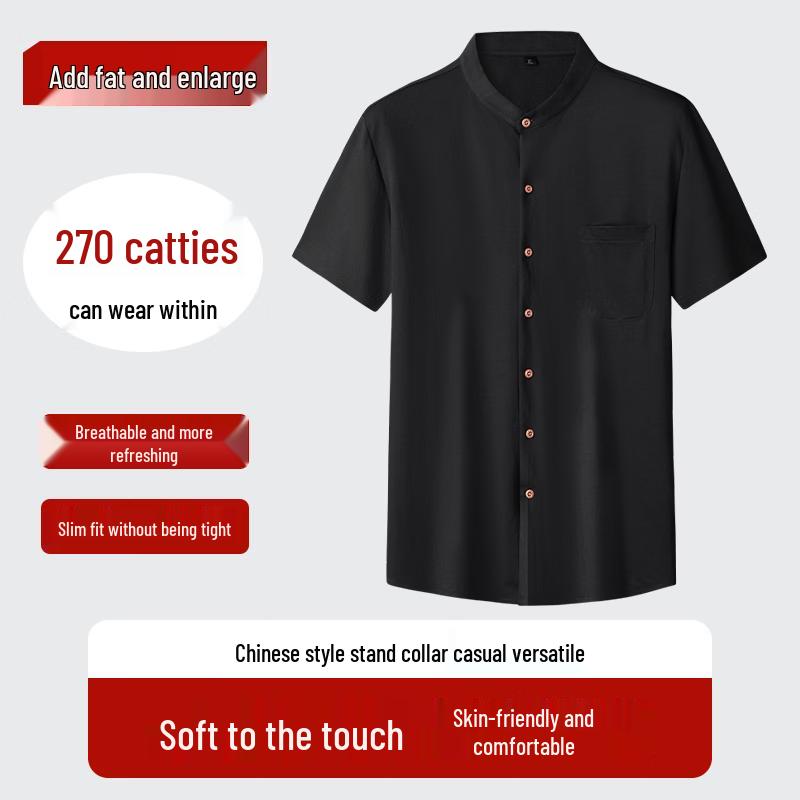 Men s Plus Size Cotton Linen Blend Short Sleeve Stand Collar Shirt XL