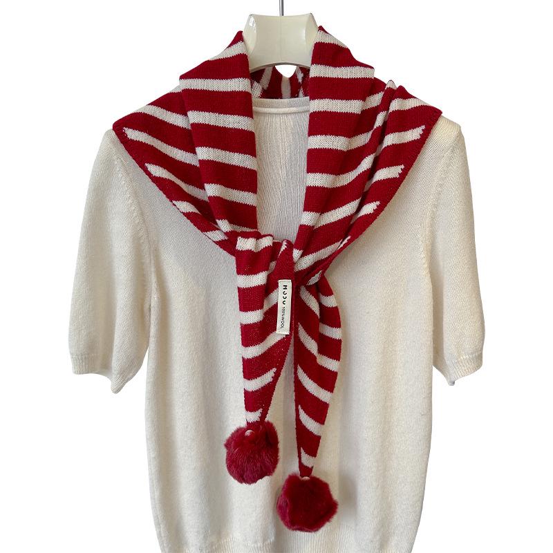 Handmade Red Striped Wool Shawl with Removable Pompon - Cozy & Versatile Christmas Scarf