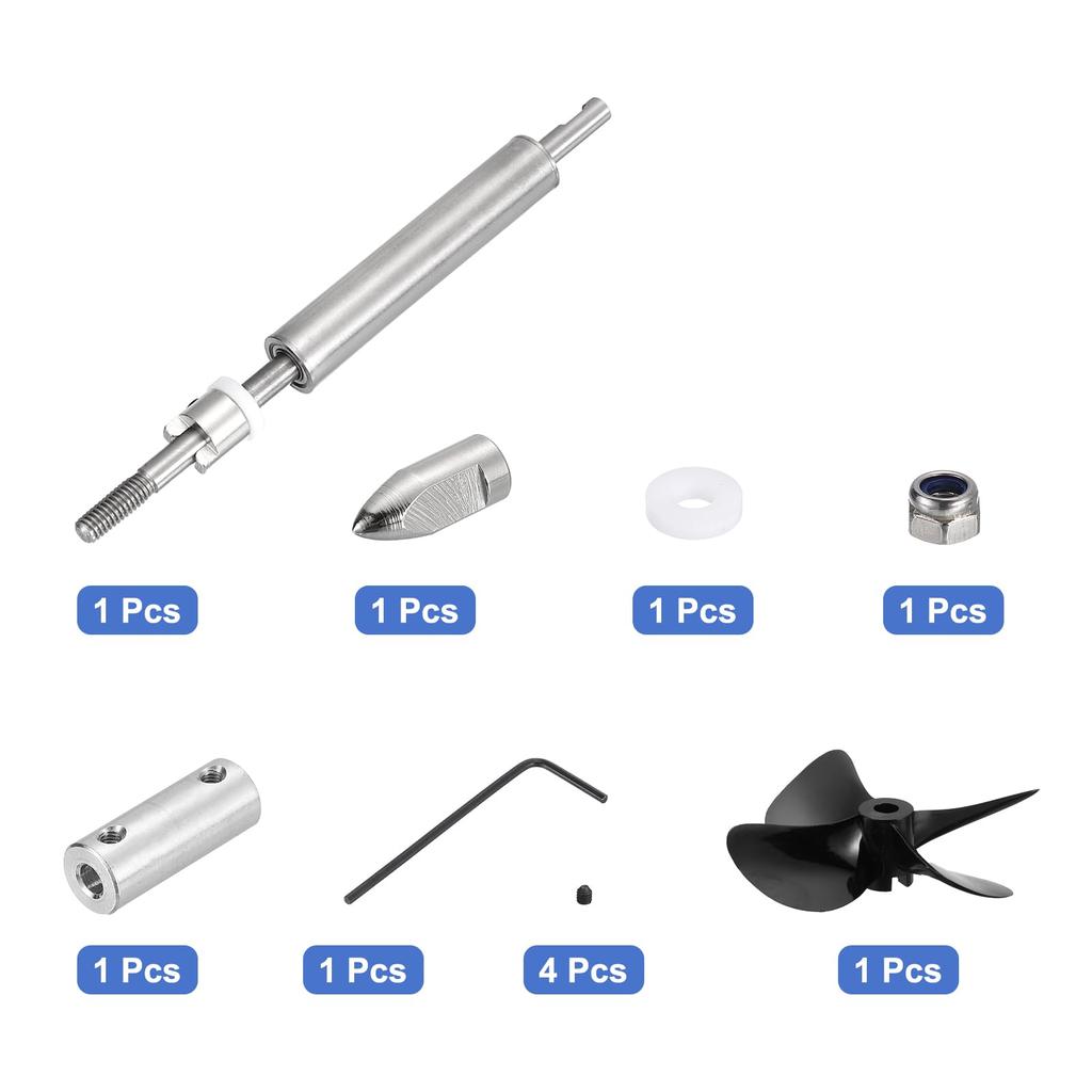 uxcell RC Boat Drive Shaft W Propeller and Coupling Joint Assembly Kit, L100mm Shaft, L50mm Sleeve, D55mm Four Propeller, Fits 5mm Motor Shaft