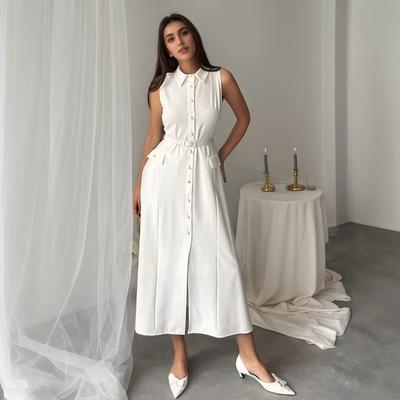 Γυναικείο Φόρεμα Εργασίας Αμάνικο με Ζώνη και Πέρλες, Αδυνατιστικό, με Σχίσιμο