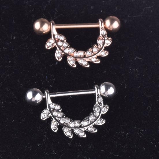 1Pc Women Rhinestone Inlaid Leaf Barbell Nipple Ring Body Piercing Jewelry Gift