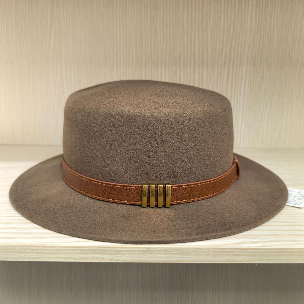 Flat top hat autumn and winter woolen hat retro British style temperament wide brim coffee top hat wide brim design